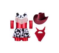 Fldy Girls Cowgirls Costume Halloween Western Cowboy Cosplay Outfit 4 Pcs Metallic Leotard Hat Bandana Armgloves Set Red 13-14 Years