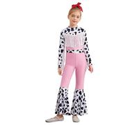 Fldy Girls Cowgirls Costume Halloween Western Cowboy Cosplay Outfits Fringed Bell-bottom Jumpsuits 70s Disco Dancewear Pink 9-10 Years