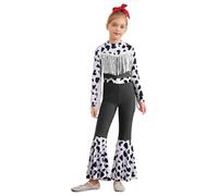 Fldy Girls Cowgirls Costume Halloween Western Cowboy Cosplay Outfits Fringed Bell-bottom Jumpsuits 70s Disco Dancewear Black 9-10 Years