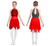 Fldy Girl's Figure Ice Skating Dress Mesh Bodice Gymnastics Leotard Contemporary Latin Jazz Dancewear Burgundy 9-10 Years