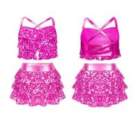 Fldy Girl's Hip Hop Jazz Dance Outfits Sequin Tank Top and Skirts Ballet Latin Rumba Salsa Samba Dance Costume Hot Pink 9-10 Years
