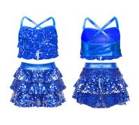 Fldy Girl's Hip Hop Jazz Dance Outfits Sequin Tank Top and Skirts Ballet Latin Rumba Salsa Samba Dance Costume Blue 13-14 Years