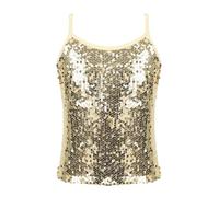 Fldy Kid Girls Crop Top Camisole Shiny Sequins Spaghetti Strap Vest Hip Hop Jazz Costumes for Stage Showing Gold 11-12 Years