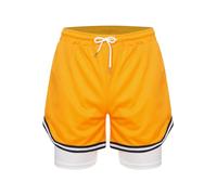 Fldy Kids Boys 2 in 1 Running Shorts Active Workout Shorts Lightweight Sports Gym Fitness Training Short with Pockets Yellow 12-13 Years