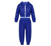 Fldy Kids Boys Girls Shiny Sequins Dance Clothing Set Jazz Hip-hop Street Dance Costumes Hooded Jacket and Pants Set Blue 10-12 Years