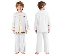 Fldy Kids Boys Tunic Church Robe Praise Dance Outfit Pullover Tops with Pants Set 2 Piece Liturgical Worship Costume White 11-12 Years