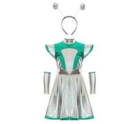 Fldy Kids Girl's Alien Costume Shiny Metallic Alien Dress with Arm and Headband Halloween Cosplay Party Fancy Dress Up Green Silver 13-14 Years