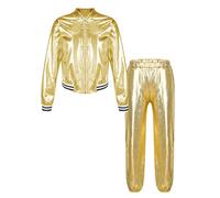 Fldy Kids Girls Boys Shiny Metallic Long Sleeves Bomber Jacket Street Trousers Set Jazz Hip Hop Dance Costume Dancewear Gold 13-14 Years