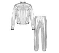 Fldy Kids Girls Boys Shiny Metallic Long Sleeves Bomber Jacket Street Trousers Set Jazz Hip Hop Dance Costume Dancewear Silver 13-14 Years