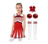 Fldy Kids Girls Cheer Leader Costume 4 Pcs Cheerleading Uniform Set Competition Cheer Dance Outfits Red 11-12 Years