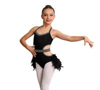 Fldy Kids Girls Feather Tutu Skirt Leotard Rhinestone Latin Dance Unitard Jazz Costume Lyrical Dancewear Black 15-16 Years