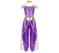Fldy Kids Girls Jasmine Princess Cosplay Costumes Arabian Fancy Dress Up Party Outfits for Halloween Birthday Party Purple 11-12 Years