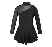 Fldy Kids Girls Mock Neck Ballet Leotard Dress Lyrical Contemporary Dance Costume Skating Dress Jumpsuit Wrap Skirt Black 7-8 Years