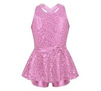 Fldy Kids Girls Modern Dance Costume Latin Jazz Hip Hop Dancewear Shiny Sequins Dress Build in Shorts for Stage Showing Pink 7-8 Years
