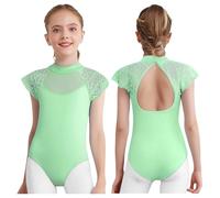 Fldy Kids Girls One Piece Ballet Dance Bodysuit Gymnastics Leotard Sheer Mesh Training Suit Practice Clothes Light Green 15-16 Years