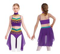Fldy Kids Girls Sequins Indian Dance Performance Costume Tassels Belly Dance Outfits Fancy Party Dress Purple 15-16 Years
