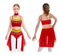 Fldy Kids Girls Sequins Indian Dance Performance Costume Tassels Belly Dance Outfits Fancy Party Dress Red 15-16 Years