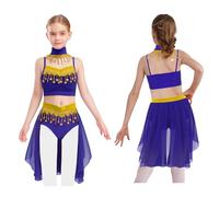 Fldy Kids Girls Sequins Indian Dance Performance Costume Tassels Belly Dance Outfits Fancy Party Dress Blue 11-12 Years