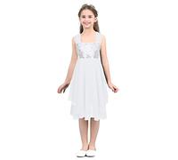 Fldy Kids Girls Shiny Sequins Lyrical Dance Dress Tutu Dress Ballet Dance Leotard Latin Jazz Modern Dance Costume White 7-8 Years