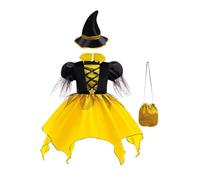 Fldy Kids Girls Witch Cosplay Outfit Halloween Trick-or-treat Fancy Dress 3 Pcs Vintage Dress Witch Hat Candy Bag Set Yellow Black 4-5 Years