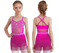 Fldy Latin Dance Dress for Girls Tassel Fringed Dresses Latin Jazz Dancing Outfit Salsa Tango Performance Costume Hot Pink 7-8 Years