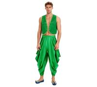 Fldy Men Arabian Prince Costume Fairy Tale Elf Cosplay Outfits 2 Pcs Satin Tank Tops And Layered Harem Pants Set Green 3XL