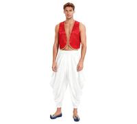 Fldy Men Arabian Prince Costume Fairy Tale Elf Cosplay Outfits 2 Pcs Satin Tank Tops And Layered Harem Pants Set Burgundy White S