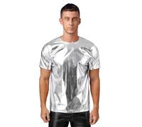 Fldy Mens 70s Disco Metallic Shiny Dance Shirts Short Sleeves Tank Top Tee T-Shirts Blouse Silver M