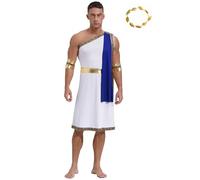Fldy Mens Ancient Greek Roman Toga with Metallic Gold Wristband Headwear Emperor Caesar Costume Blue XXL
