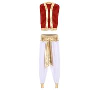 Fldy Mens Arabian Prince Costume Halloween Persian Cosplay Outfit Open Front Vest with Harem Pants Red&White M