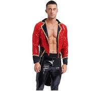 Fldy Mens Circus Ringmaster Outerwear Long Sleeve Sequin Open Front Tailcoat Tuxedo Magician Costume Red 3XL