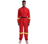 Fldy Mens Firefighter Costume Long Sleeve Long Pants Romper with Belt Fireman Jumpsuit Uniform Red L