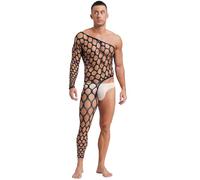 Fldy Mens Fishnet Rhinestone Sparkly Bodystocking One Shoulder Sheer Leg Tights Bodysuit Lingerie Black One Size