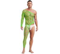Fldy Mens Fishnet Rhinestone Sparkly Bodystocking One Shoulder Sheer Leg Tights Bodysuit Lingerie Fluorescent Green One Size