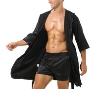 Fldy Mens Half Sleeve Satin Silky Hooded Night Robe Pajamas Smooth Sleepwear Bathrobe Nightwear Black A XL