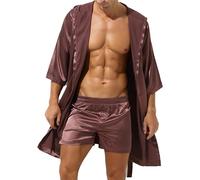 Fldy Mens Half Sleeve Satin Silky Hooded Night Robe Pajamas Smooth Sleepwear Bathrobe Nightwear Coffee A XL