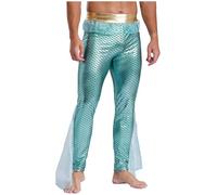 Fldy Men's Mermaid Fishscale Pants King of The Seas Costume Metallic Shiny Tulle Trims Leggings Mint Green XXL