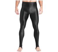 Fldy Mens Plus Size Oily Glossy Stirrup Leggings High Waist Tummy Control Tights Gym Workout Pants Black XL