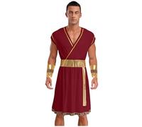 Fldy Mens Roman Toga Dress with Cuffs Set Fancy Dress Costume Ancient Greek God Gladiator Outfits Burgundy XXL