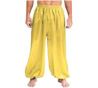 Fldy Men's Satin Elastic Waist Hippie Harem Pants Arabian Prince Cosplay Lantern Trousers Bloomers Yellow XXL