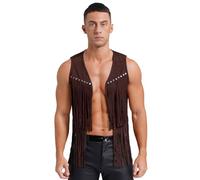 Fldy Men's Western Cowboy Sleeveless Fringe Waistcoat Jacket Faux Suede Tassel Vest Cosplay Costume Khaki A XXL