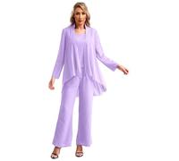 Fldy Mother of The Bride Pants Suits for Women Wedding Guest Dress Suits Sets Chiffon 3 Piece Outfits Lavender S