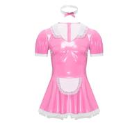 Fldy Sissy Mens Wet Look Shiny French Maid Dress Crossdresser Maid Dress with Neck Ring Fancy Dress Pink 4XL