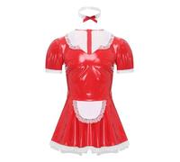 Fldy Sissy Mens Wet Look Shiny French Maid Dress Crossdresser Maid Dress with Neck Ring Fancy Dress Red 5XL