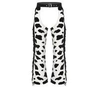Fldy Unisex Cow Spot Pattern Flannel Hollow Out Chaps Pants for Cowboy Cowgirl Biker Overpants Black White L