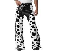 Fldy Unisex Cow Spot Pattern Flannel Hollow Out Chaps Pants for Cowboy Cowgirl Biker Overpants Black White XXL