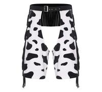 Fldy Unisex Cow Spot Pattern Flannel Hollow Out Chaps Pants for Cowboy Cowgirl Shorts Costume Black White XXL