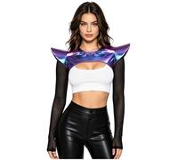 Fldy Women Metallic Shiny Medieval Punk Armor Shoulder Wrap Long Sleeve Full Sleeves Shawl Crop Top Blue L