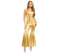 Fldy Womens 70s Disco Dance Costume Bell Bottoms Jumpsuit Shiny Metallic Sleeveless Hippie Costume Gold S