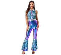 Fldy Women's 70s Disco Dance Costume Mamma Costumes Singer Sleeveless Flare Bottom Jumpsuit Gradient Blue S